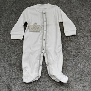 Lilax White Jeweled Lace Trim Baby Bodysuit Long Sleeve Baptism